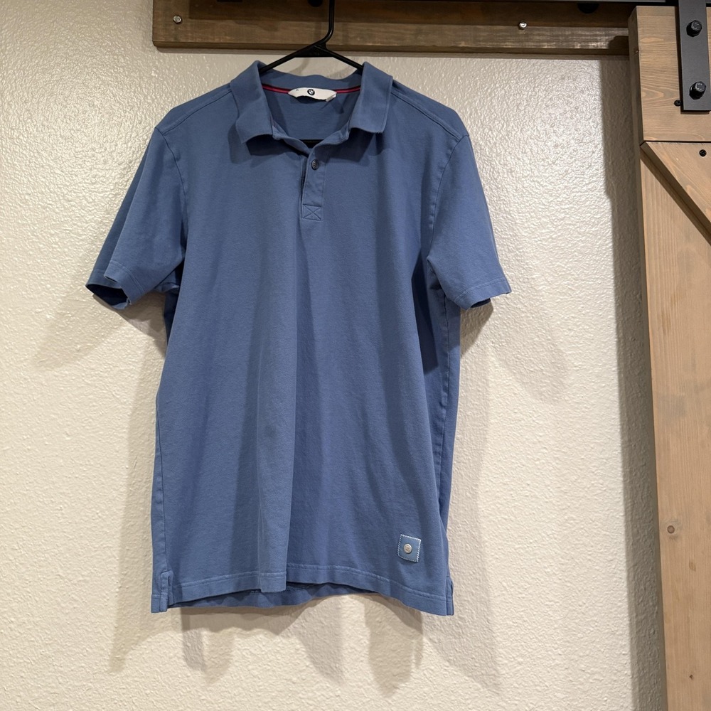 BMW Polo Shirt Mens XL Blue Cotton Stretch Metal Logo Badge Car Brand Casual